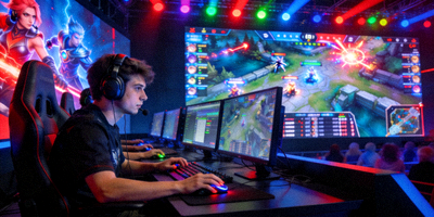 电竞比赛现场，选手在全神贯注操作，大屏幕上显示着激烈的游戏画面